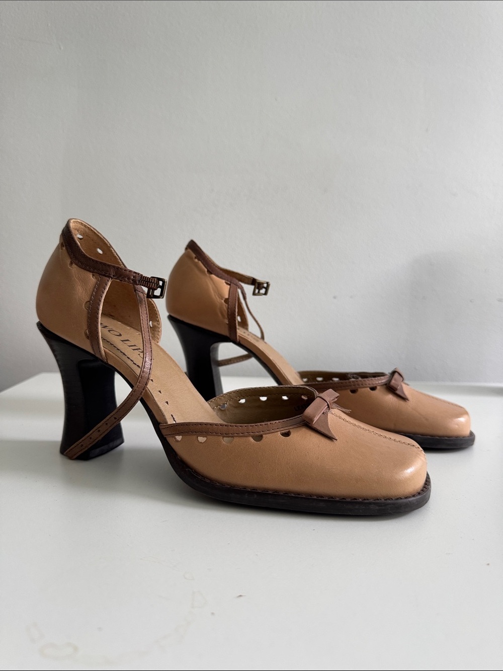 Two Lips Beige and Brown Ankle-Strap Block Heels with Bow